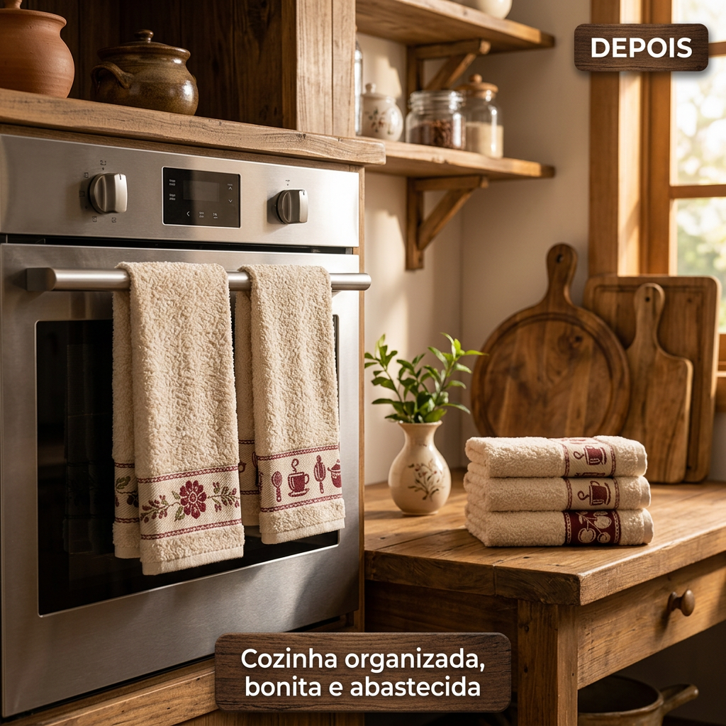Depois: cozinha organizada com panos jacquard.